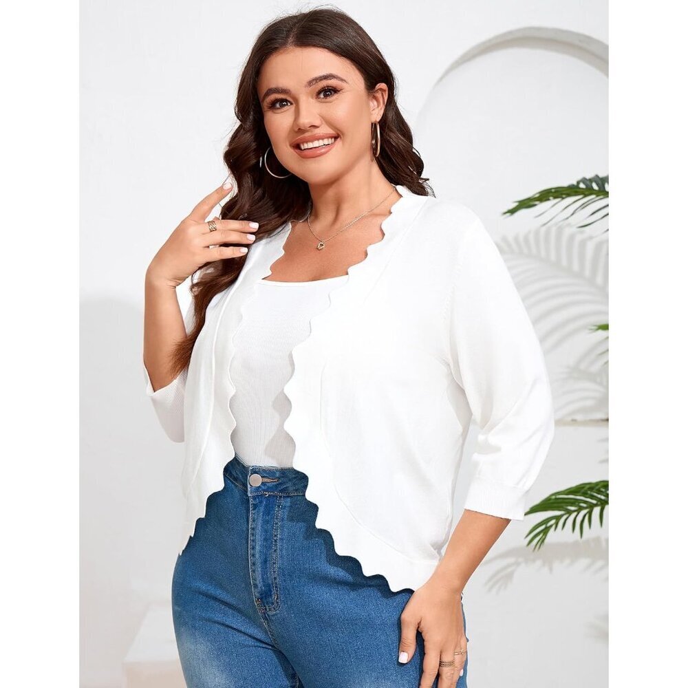 Womens Plus Size Knit Cardigan 3/4 Sleeve Open Front Casual Sweater - Picture 4 of 6
